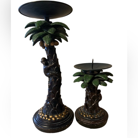 2 palm tree monkey pillar candle holders one short one tall - Picture 1 of 10